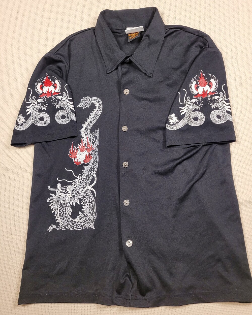 Vintage WD Shirt Mens L Black Dragon Flame Embroidered Button Up Short Sleeve